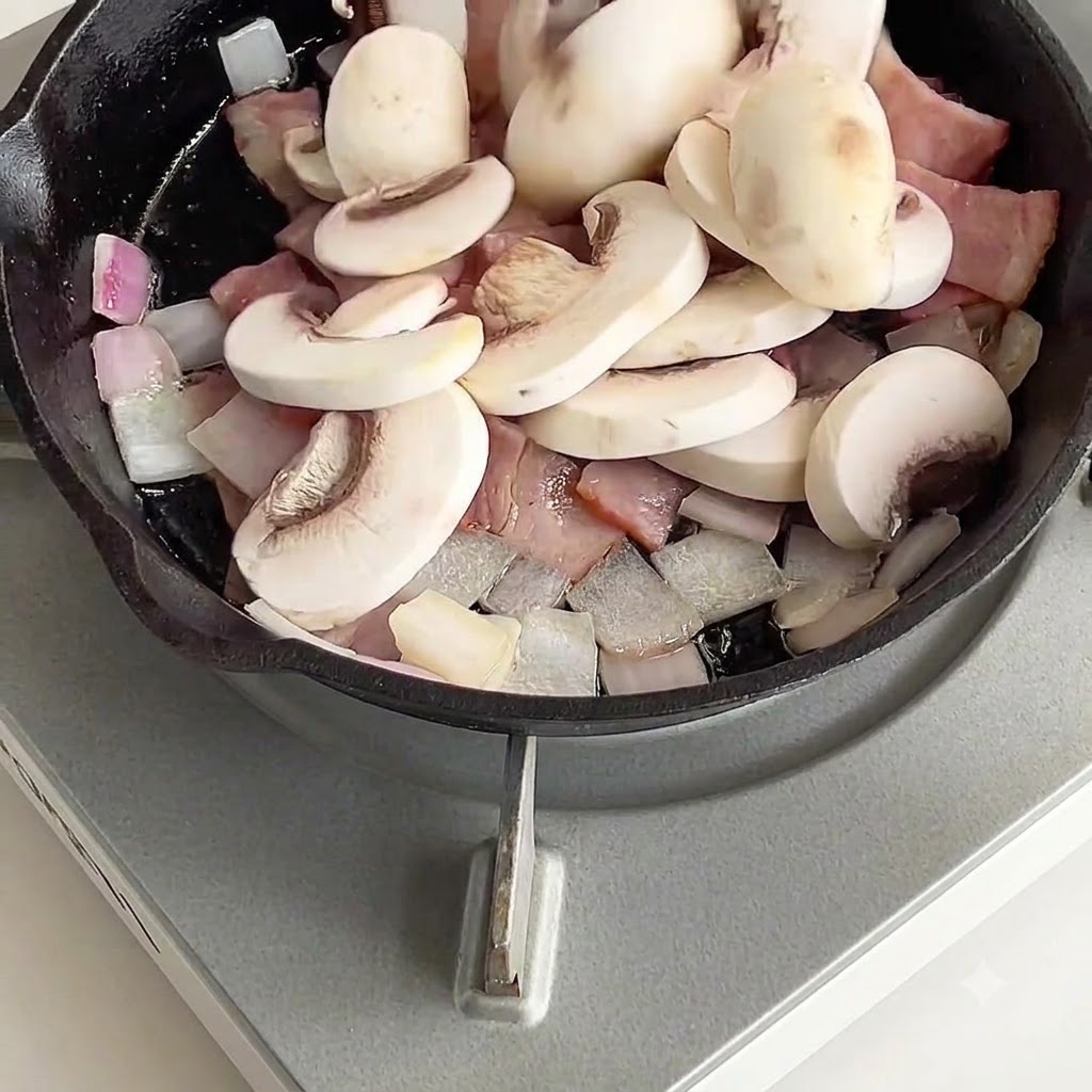 Geschnittene weiße Champignons liegen in einer Pfanne mit Speck- und Zwiebelstücken.