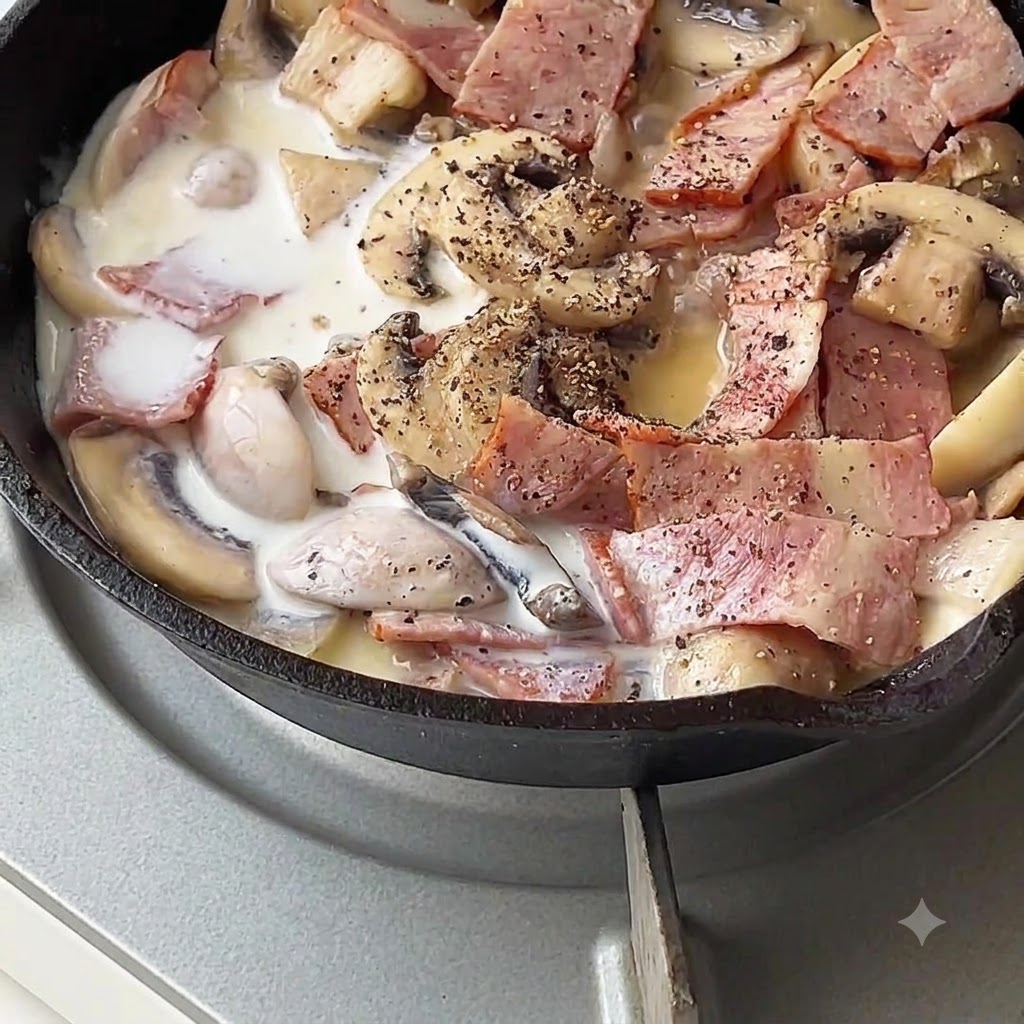 Milch und Sahne werden aus einer Karaffe in eine Pfanne mit Speck und Pilzen gegossen.