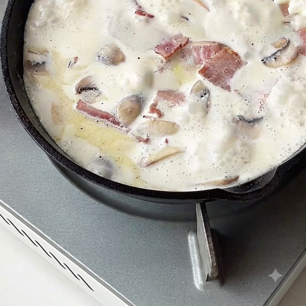 Gekochte Pasta wird in einer Pfanne zu einer köchelnden cremigen weißen Sauce gegeben.