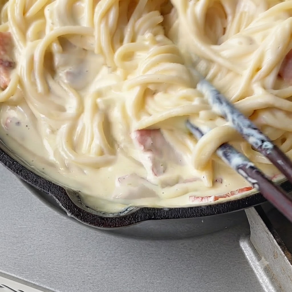 Pasta wird mit Küchenutensilien in einer cremigen Sauce geschwenkt und vermischt.