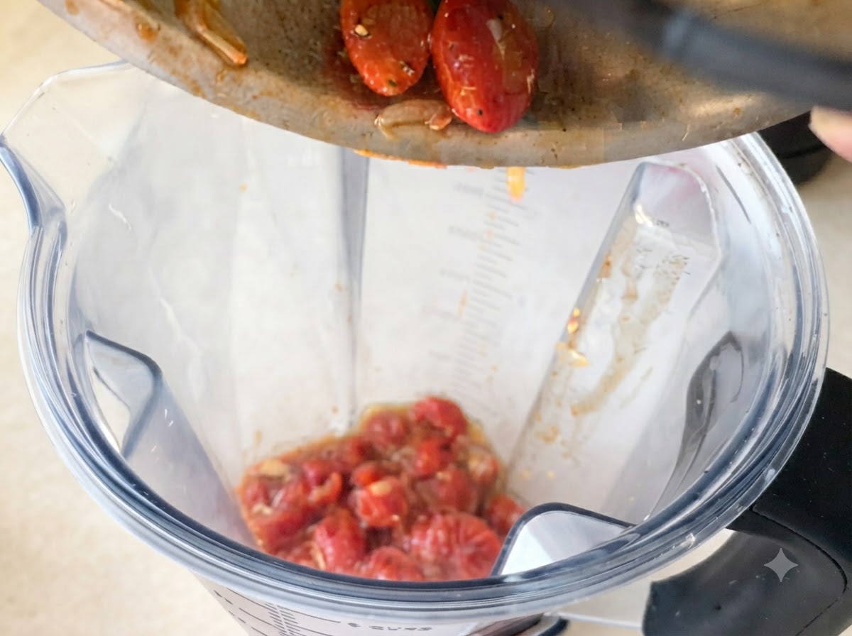 Reichhaltige rote Tomatensauce wird aus einer Schüssel in eine Pfanne mit angebratenem Knoblauch und Chili gegossen.
