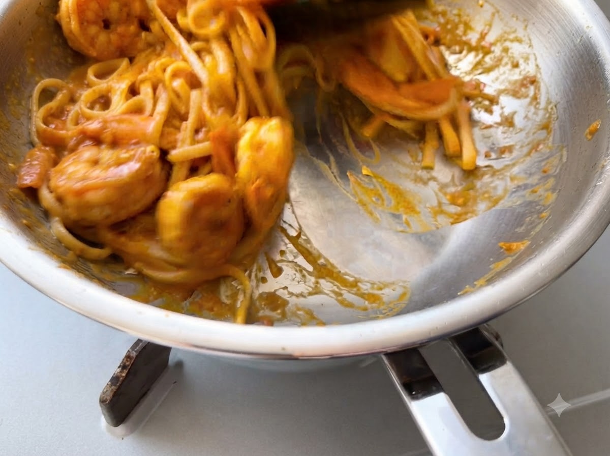 Gekochte Pasta wird mit einer dicken Tomatensauce in einer großen Pfanne vermengt und geschwenkt.