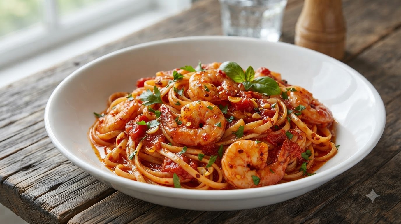 Knoblauch-Chili-Tomaten-Pasta mit Garnelen