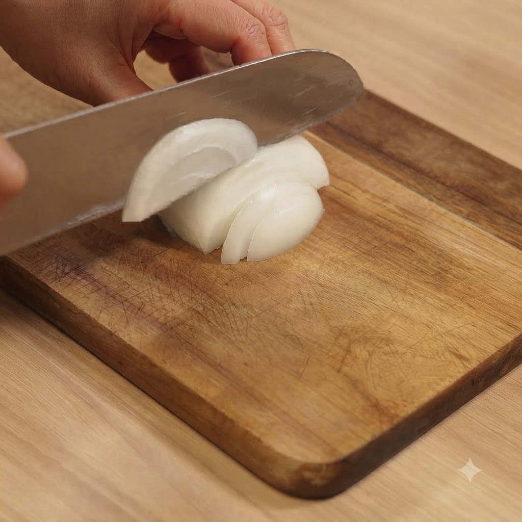 Eine Zwiebel wird mit einem scharfen Küchenmesser auf einem Holzbrett in Scheiben geschnitten.