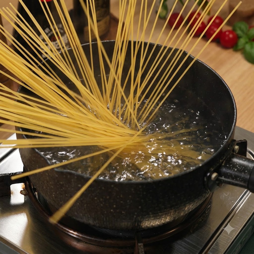 Spaghettinudeln kochen und werden in einem Topf mit kochendem Wasser auf dem Herd weich.