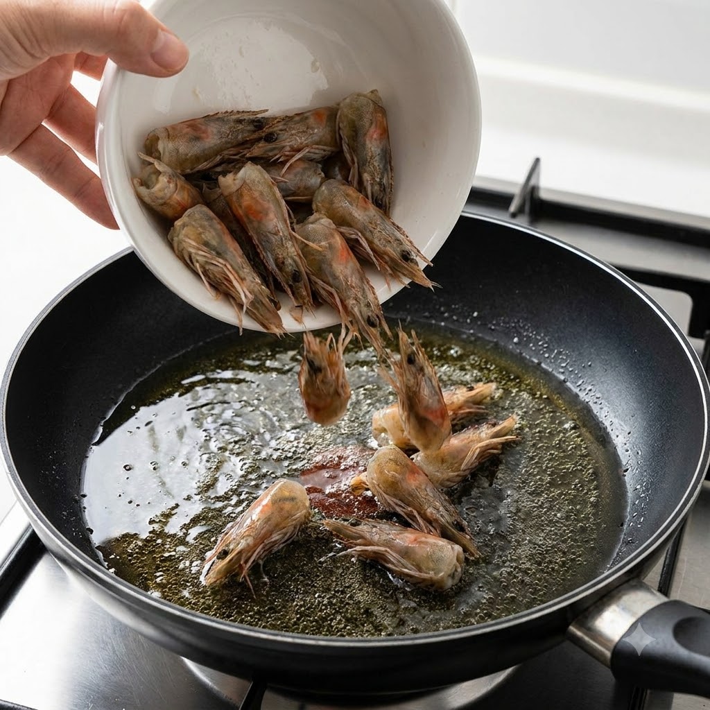 Garnelenköpfe werden aus einer weißen Schüssel in eine Pfanne mit blubberndem Öl geschüttet, um Geschmack zu extrahieren.