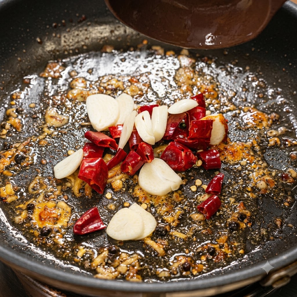 Knoblauchscheiben, getrocknete rote Chilis und Zwiebeln braten zusammen in einer geölten Pfanne.