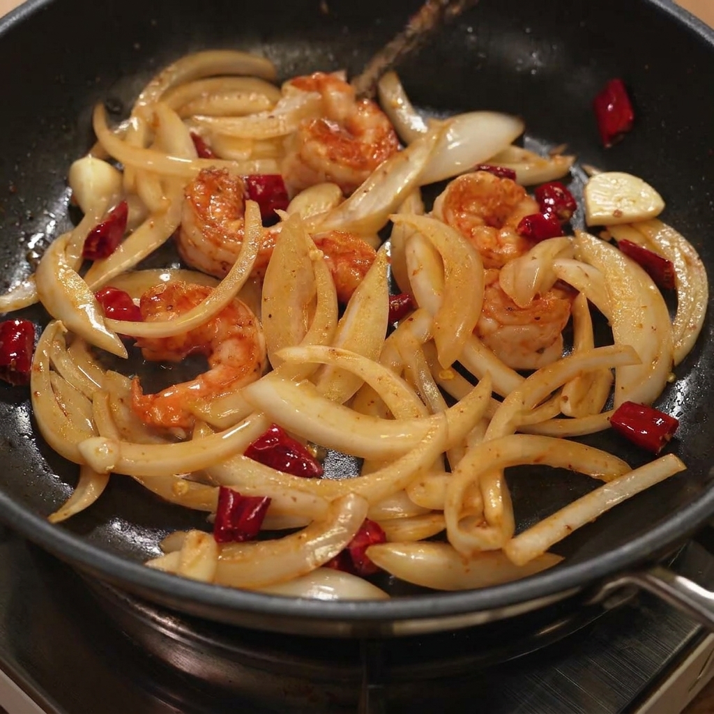 Weißwein und koreanische Chilisauce werden in die Pfanne mit Garnelen und Zwiebeln gegossen und vermischt.