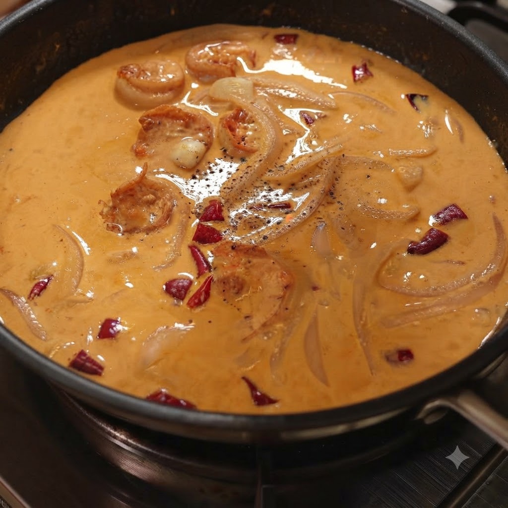 Meersalz und schwarzer Pfeffer werden auf die Oberfläche der blubbernden Cremesauce gestreut.