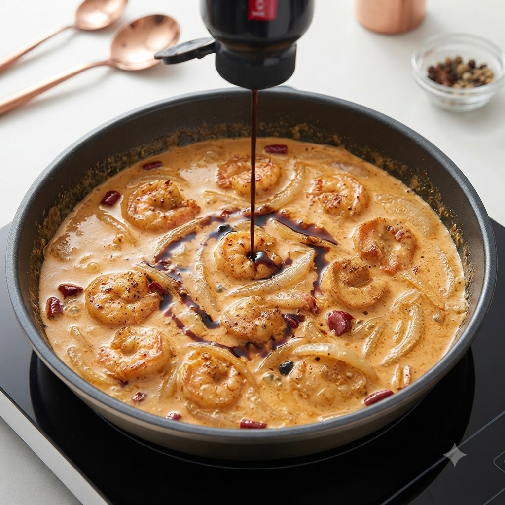 Schwarze Trüffelsauce wird aus einer Flasche direkt in die Mitte der cremigen Pfannensauce gedrückt.