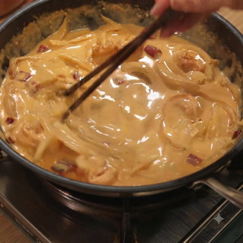 Gekochte Spaghetti werden mit Essstäbchen in der cremigen Sauce umgerührt und vermischt.