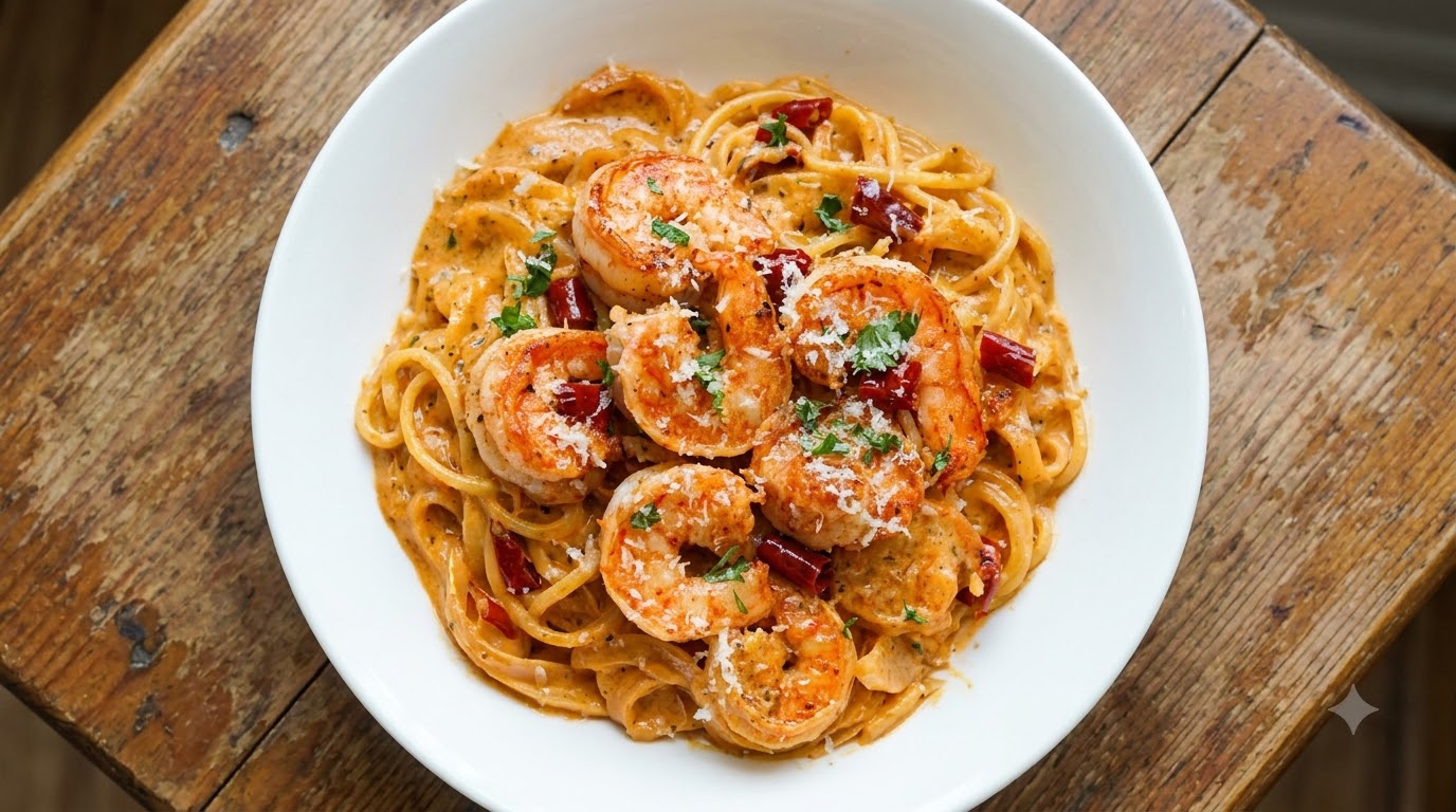 Scharfe Garnelen mit Schwarzer Trüffel-Cremepasta