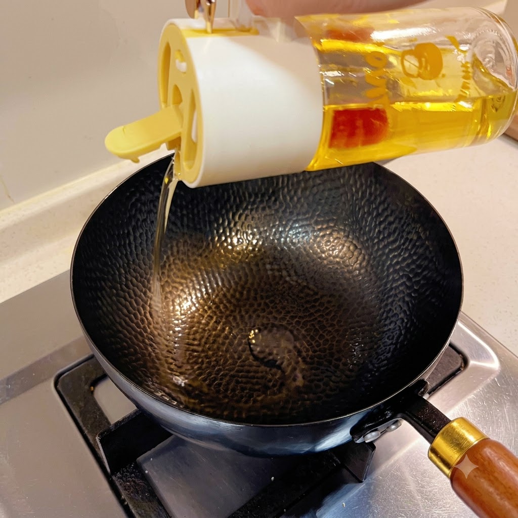 Speiseöl wird aus einem Glasbehälter in einen schwarzen gehämmerten Wok auf dem Herd gegossen.