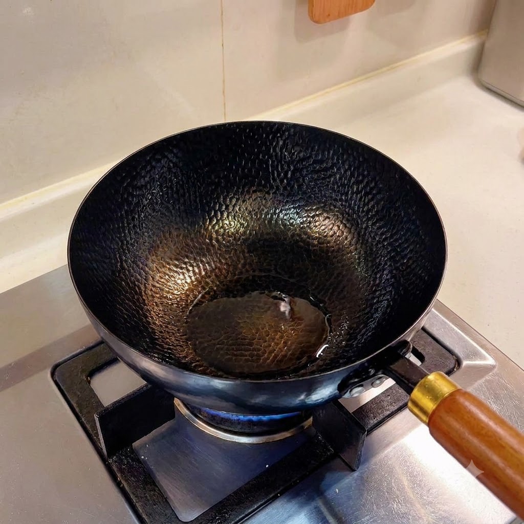Heißes, schimmerndes Öl im schwarzen Wok über einer blauen Flamme auf dem Herd.