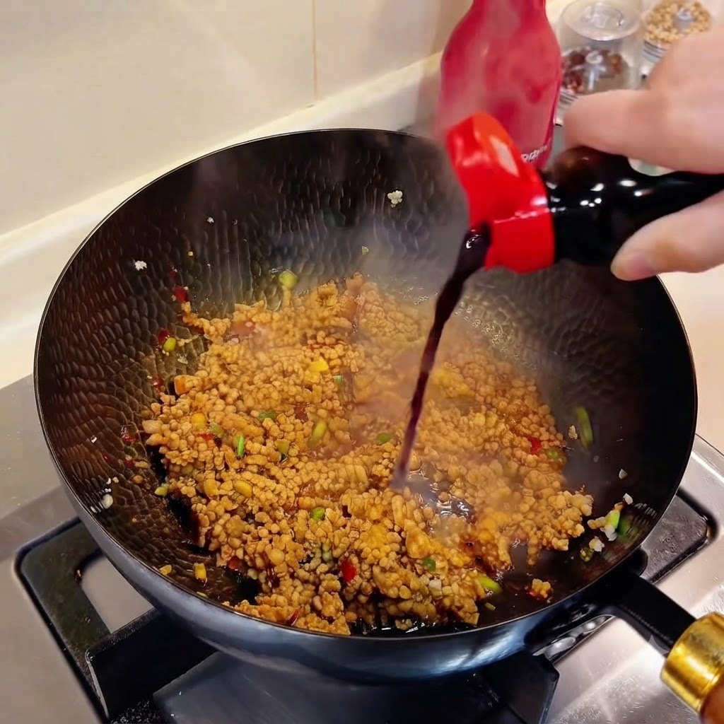 Dunkle Sojasoße wird aus einer Flasche in einen zischenden Wok mit gewürztem Hackfleisch gegossen.