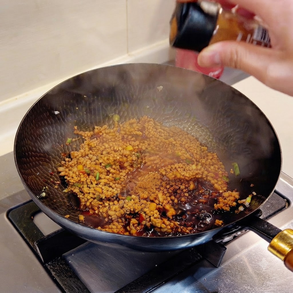 Gewürzte Hackfleischsoße wird in einem schwarzen Wok angebraten, wobei sichtbarer Dampf aufsteigt.
