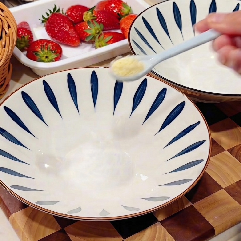 Salz und Hühnerbouillon werden in eine leere, gemusterte Servierschüssel gegeben.