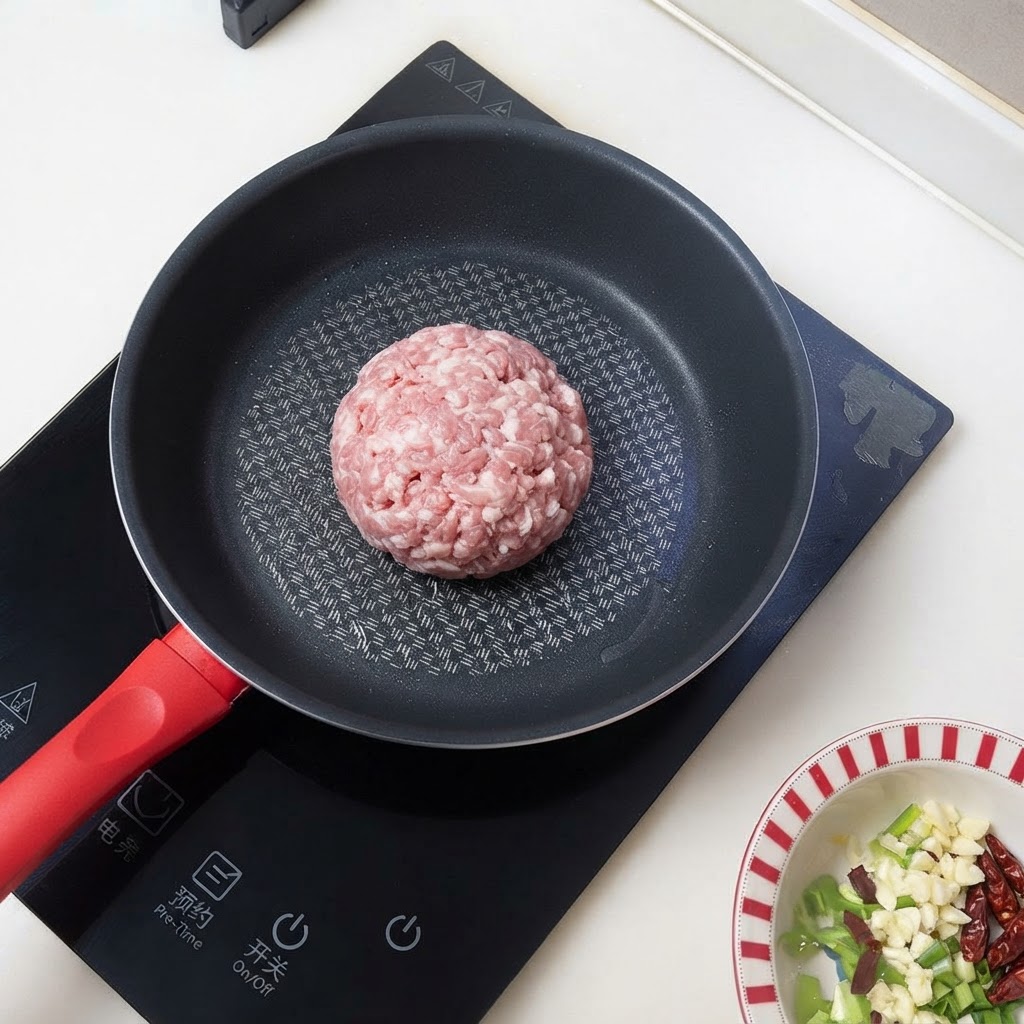 Schweinegehacktes wird in einer schwarzen Bratpfanne auf einem Induktionskochfeld angebraten.