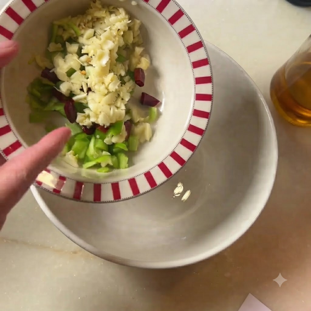 Eine Schüssel mit gehacktem Knoblauch, grünen Chilis und getrockneten roten Chilistücken.