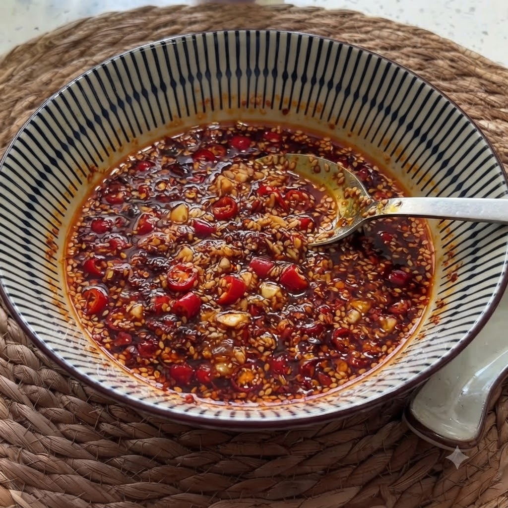 Weiße Sesamsamen und ein Löffel rotes Chilipulver auf der Knoblauch-Chili-Mischung in der Schüssel.