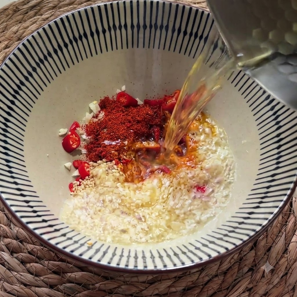 Heißes Öl wird aus einem Gefäß in die Schüssel gegossen und brzelt über dem Knoblauch, den Sesamsamen und dem Chilipulver.