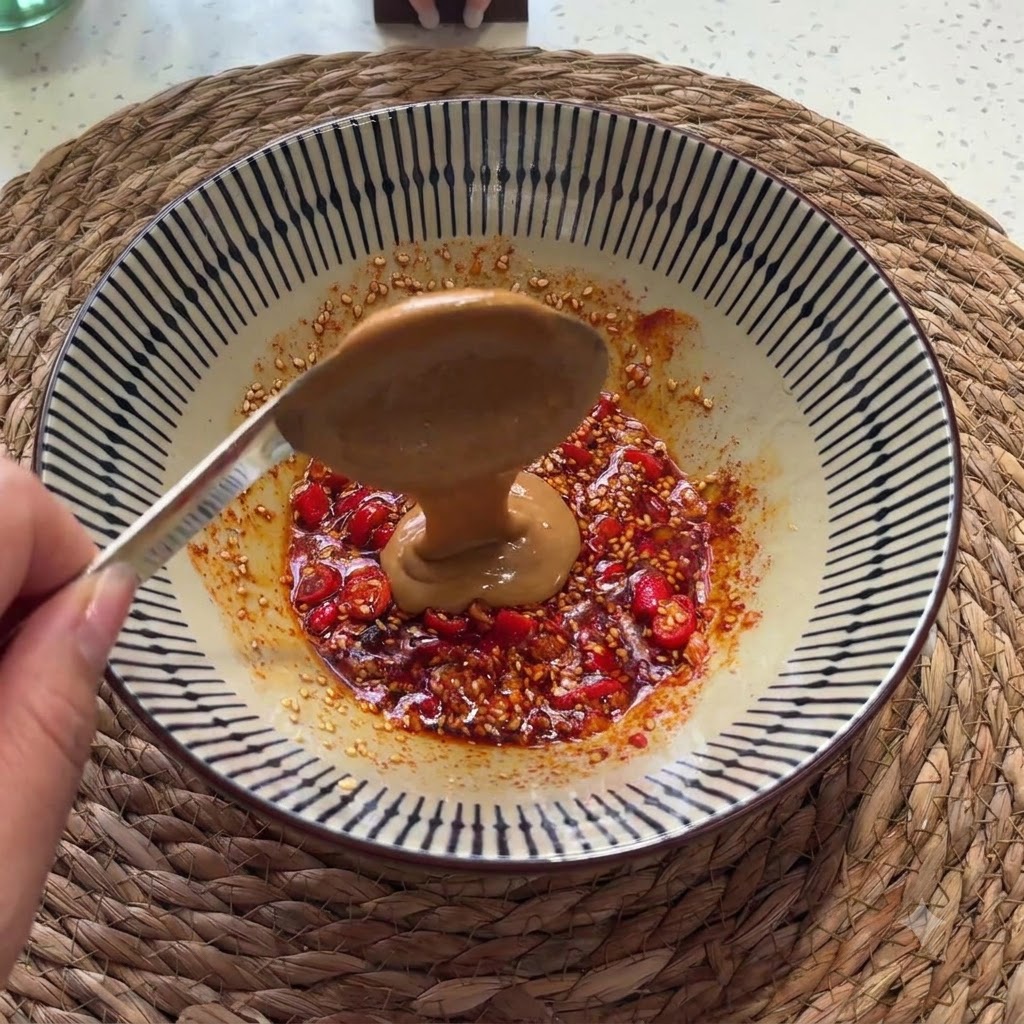Erba-Paste wird mit einem Löffel in die gewürzte Ölmischung in der Schüssel gegeben.