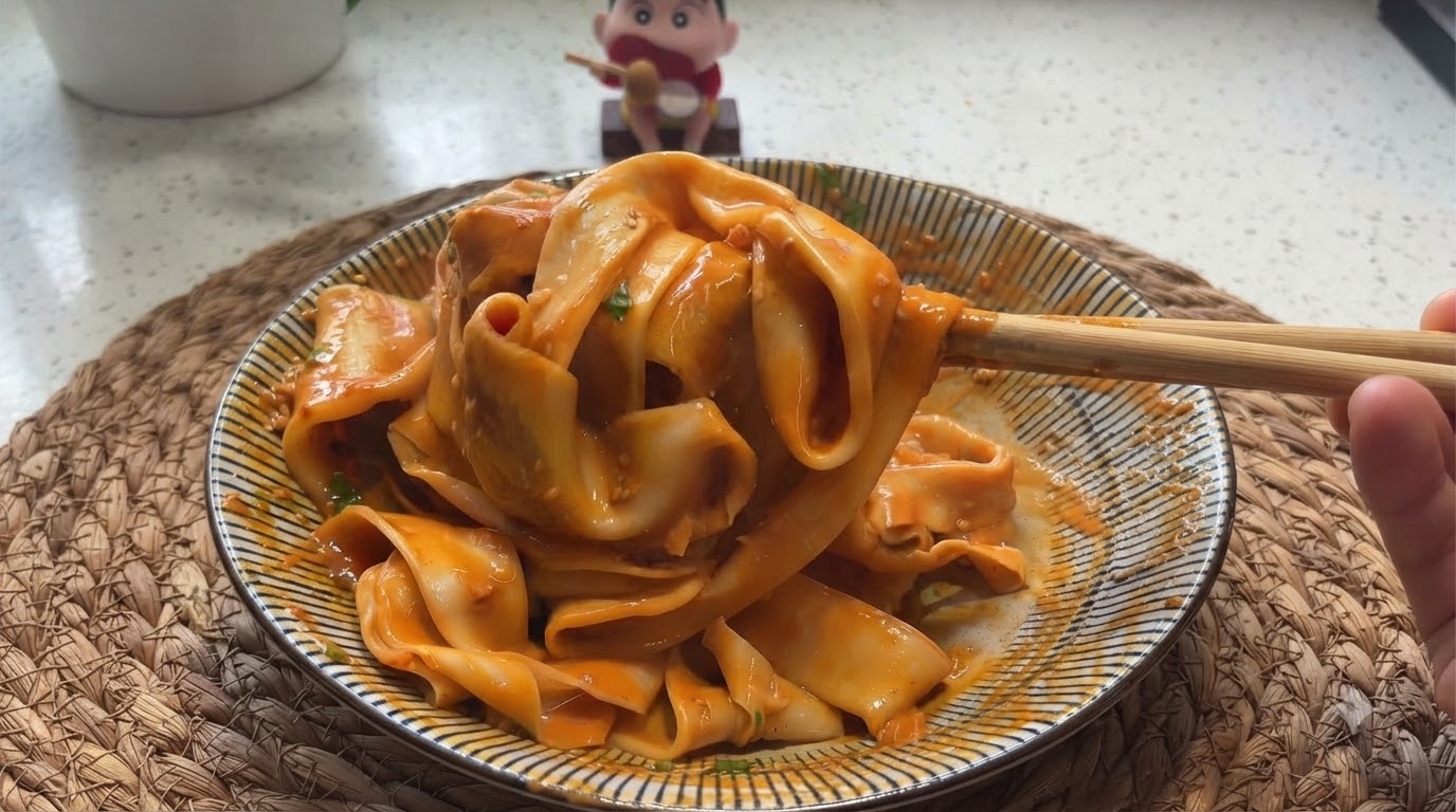 Saftige breite Nudeln mit Sesam-Chili-Öl