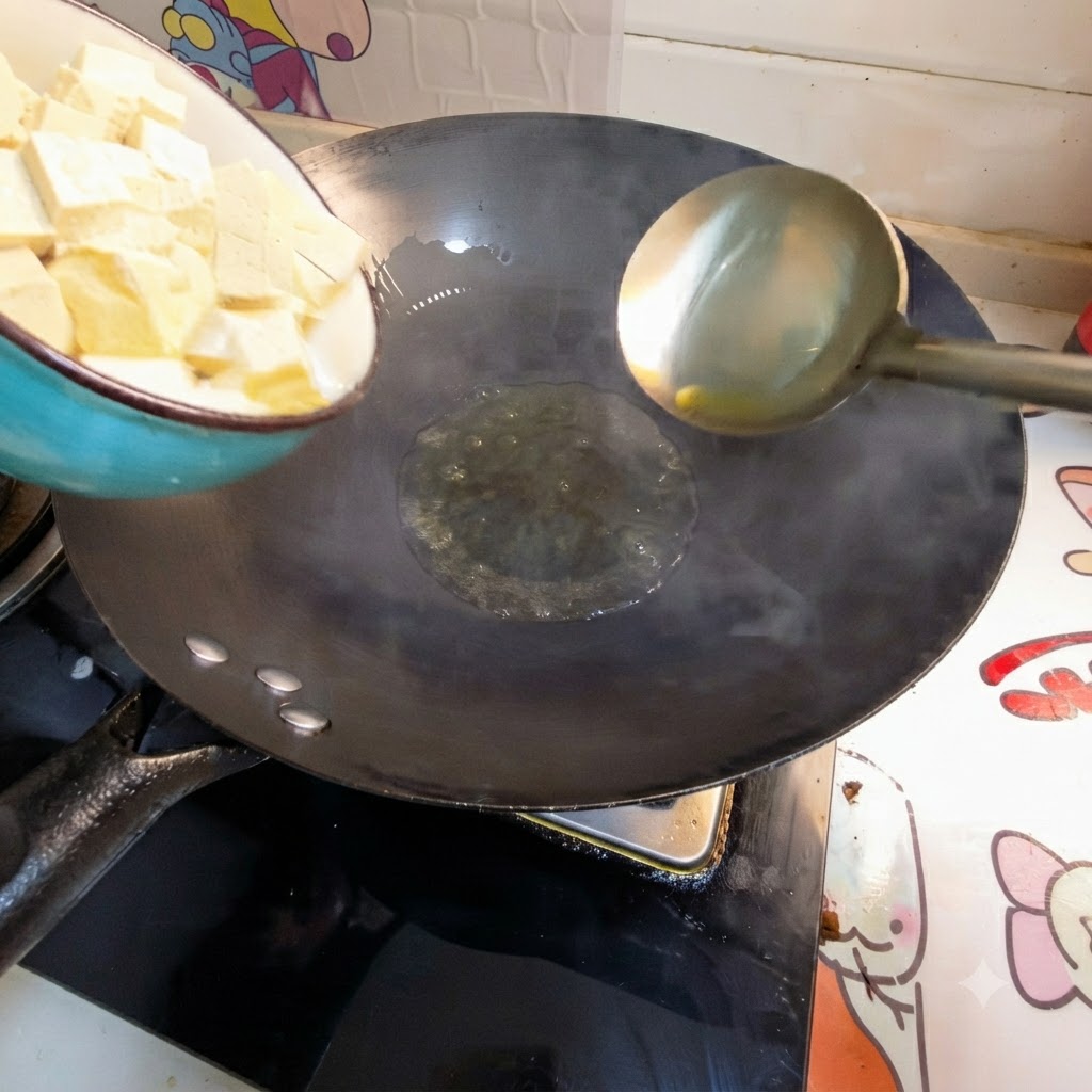 Tofuwürfel werden aus einer Schüssel in heißes Öl in einem Wok gegeben.