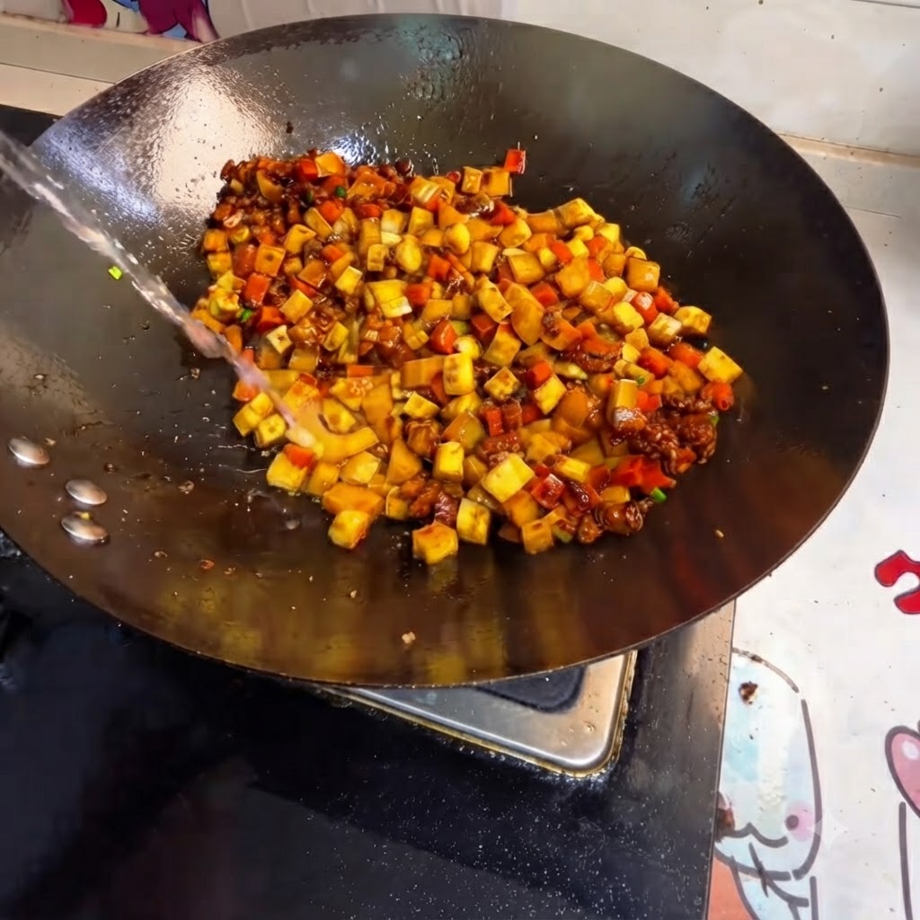 Ein Wasserstrahl wird in einen mit gewürfeltem Gemüse und Fleisch gefüllten Wok gegossen.