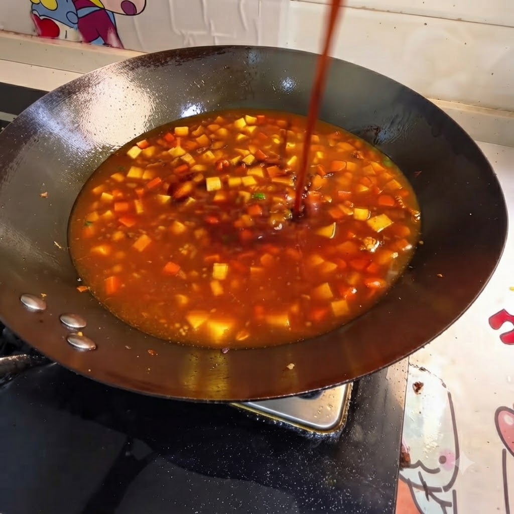 Gewürze und kochendes Wasser werden in den Wok mit Gemüse und Tofu gegeben.