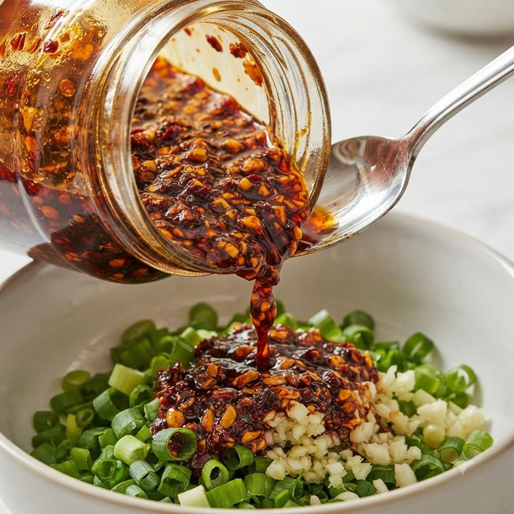 Dunkle Rindfleisch-Chilisauce wird aus einem Glas mit einem Löffel in eine Schüssel mit gehackten Frühlingszwiebeln und Knoblauch gegossen.