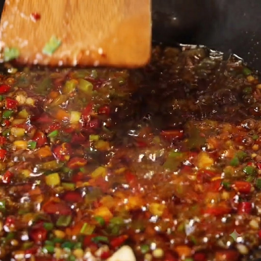 Ein Holzspatel rührt eine köchelnde Mischung aus Chili, Knoblauch und Rindfleischsauce in einem Wok.