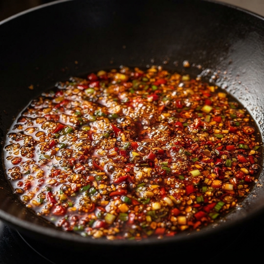 Ein schwarzer Wok, gefüllt mit einer blubbernden, leuchtend roten Chili-Rindfleischsauce, gemischt mit gehackten Frühlingszwiebeln, Aromaten und Sesam.