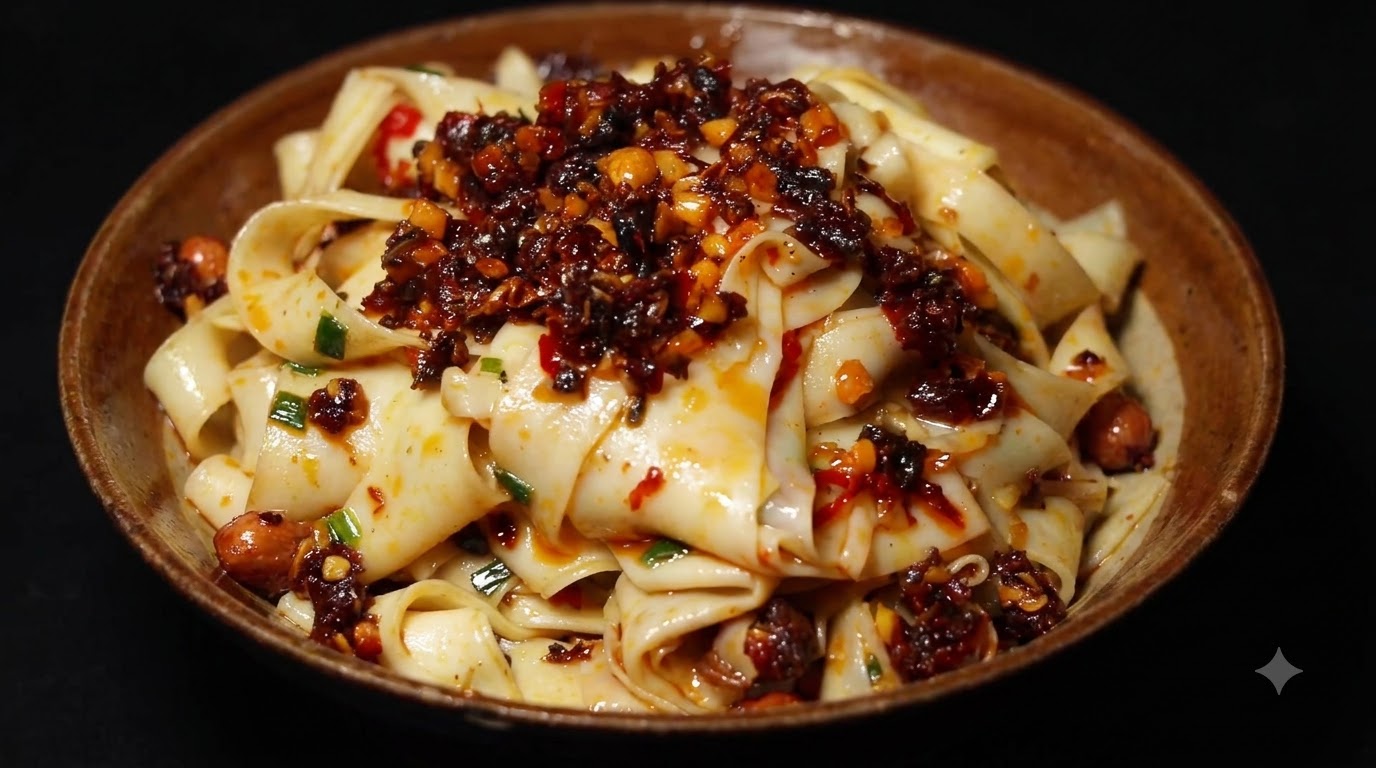 Herzhafte breite Bandnudeln mit Rindfleisch-Chilisauce