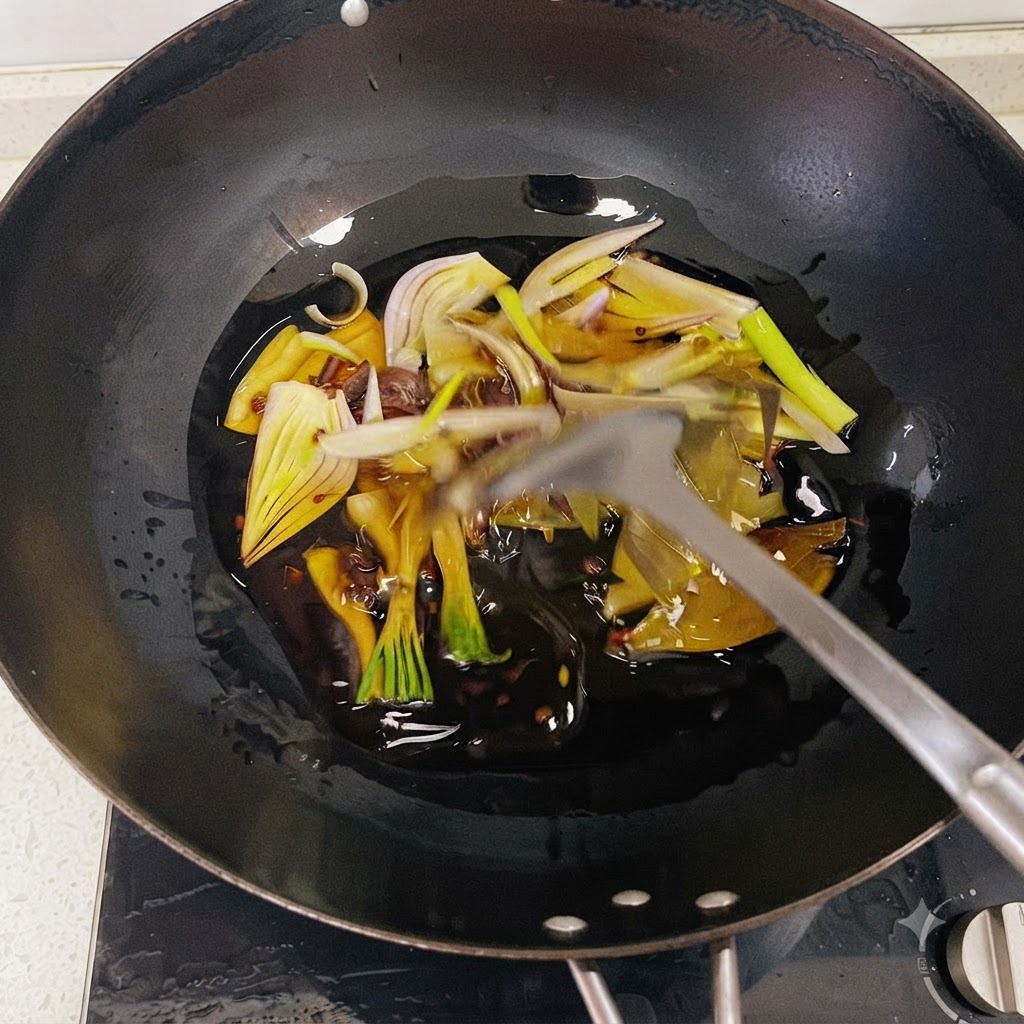 Aromaten wie Zwiebelspalten, Frühlingszwiebeln und Gewürze brutzeln in heißem Öl in einem Wok.