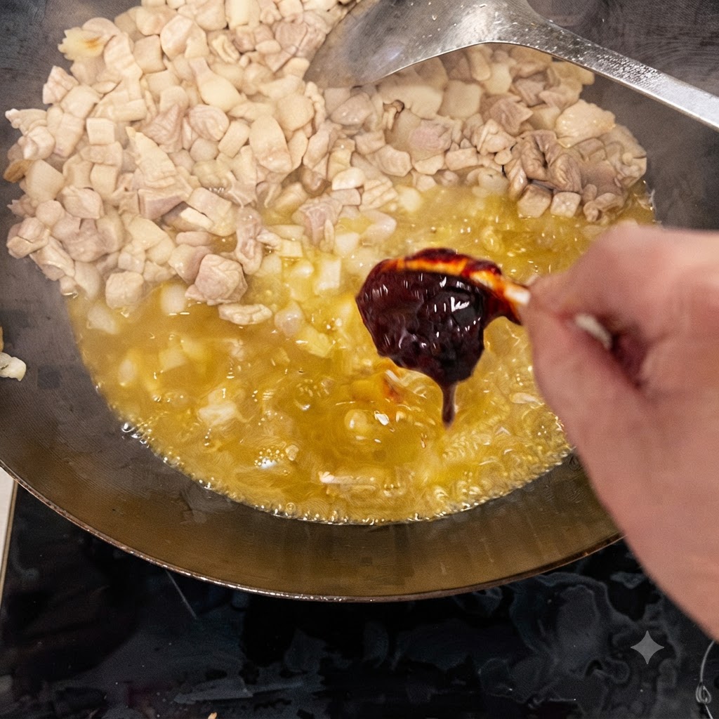 Ein Löffel dunkle Bohnenpaste wird zu gekochten Fleischstücken gegeben, die in Öl in einem Wok schwimmen.