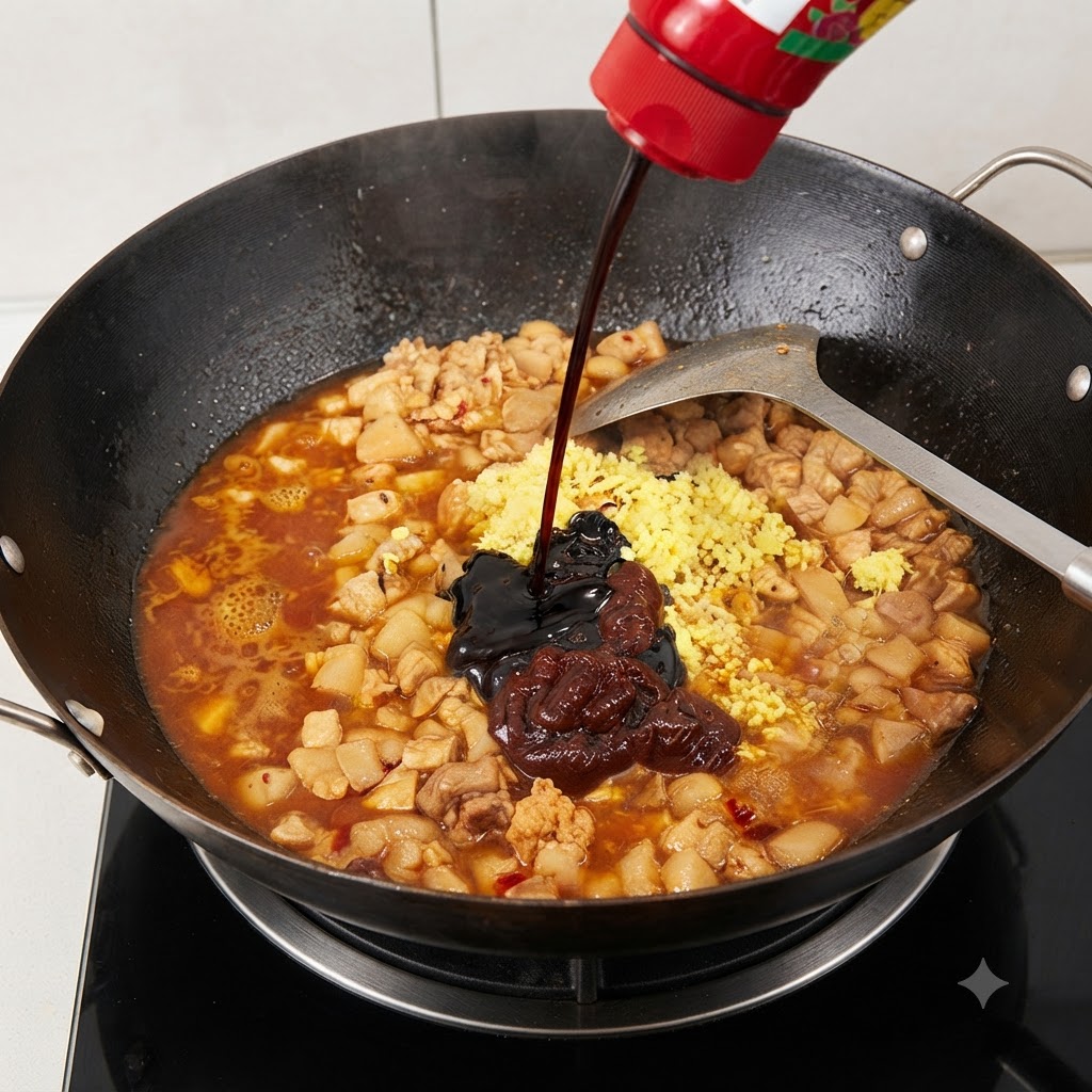 Sojasoße, Austernsoße und Kandiszucker werden in den Wok mit dem Fleisch und den Gewürzen gegossen.