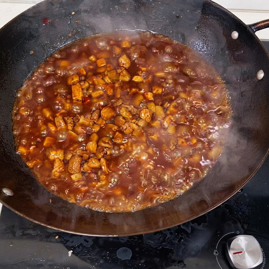 Heißes Wasser wird in den Wok gegossen, der schmorendes Fleisch und Soße enthält.