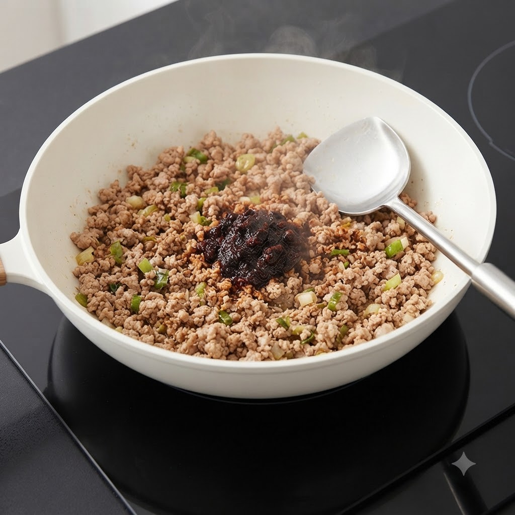 Dunkle Bohnensoße wird in eine Pfanne mit gekochtem Hackfleisch und Frühlingszwiebeln gegeben.