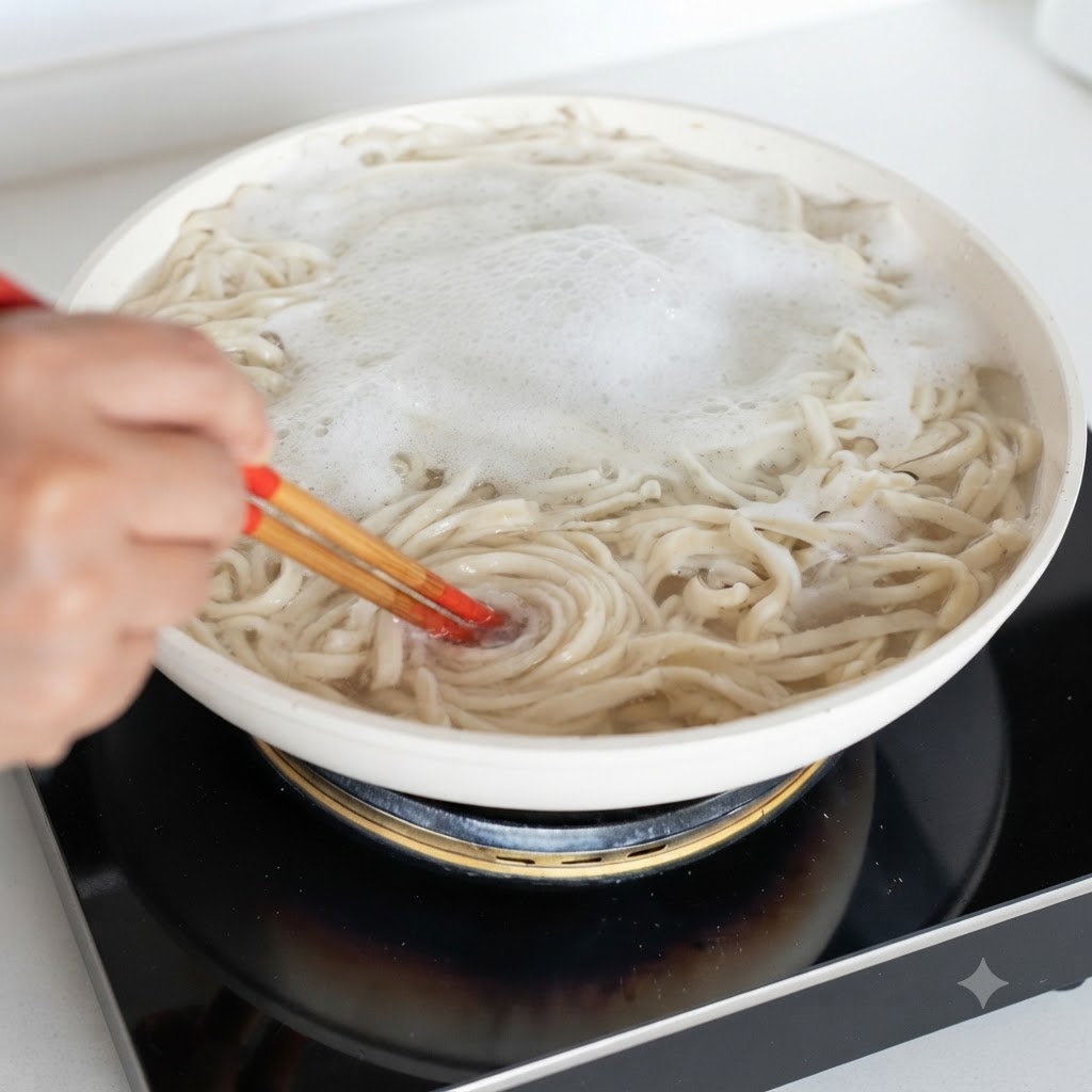 Nudeln kochen in einem Topf mit kochendem Wasser, an der Oberfläche bilden sich Blasen.