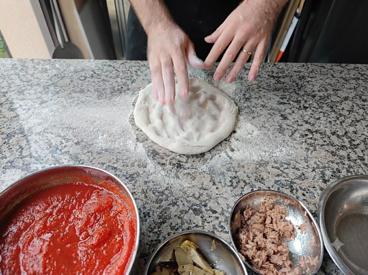Hände drücken ein rundes Stück Pizzateig auf einer bemehlten Fläche flach.