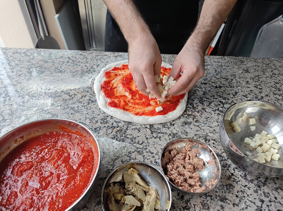 Hände verteilen gewürfelten weißen Mozzarella auf einem mit Sauce bestrichenen Pizzaboden.