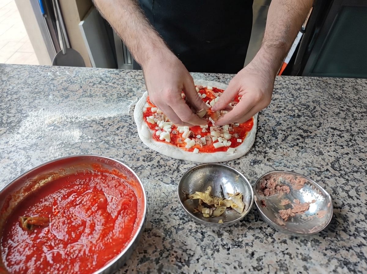 Hände legen Thunfischstücke und geröstete Artischockenstücke auf eine rohe Pizza, die mit Tomatensauce und Käse bedeckt ist.