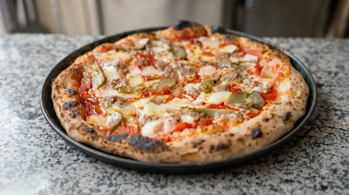 Neapolitanische Pizza mit Artischocken und Thunfisch