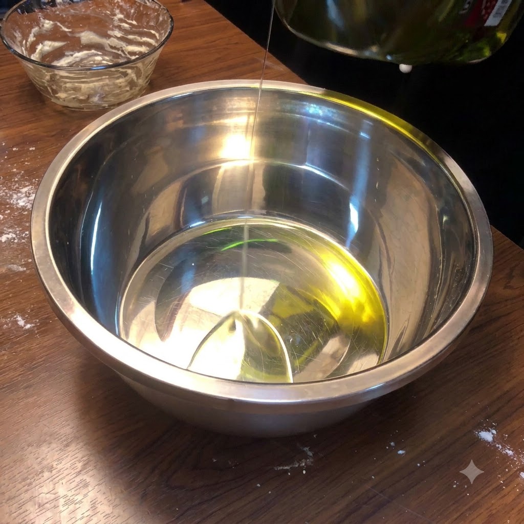 Olivenöl wird in den Boden einer glänzenden Edelstahlschüssel gegossen.