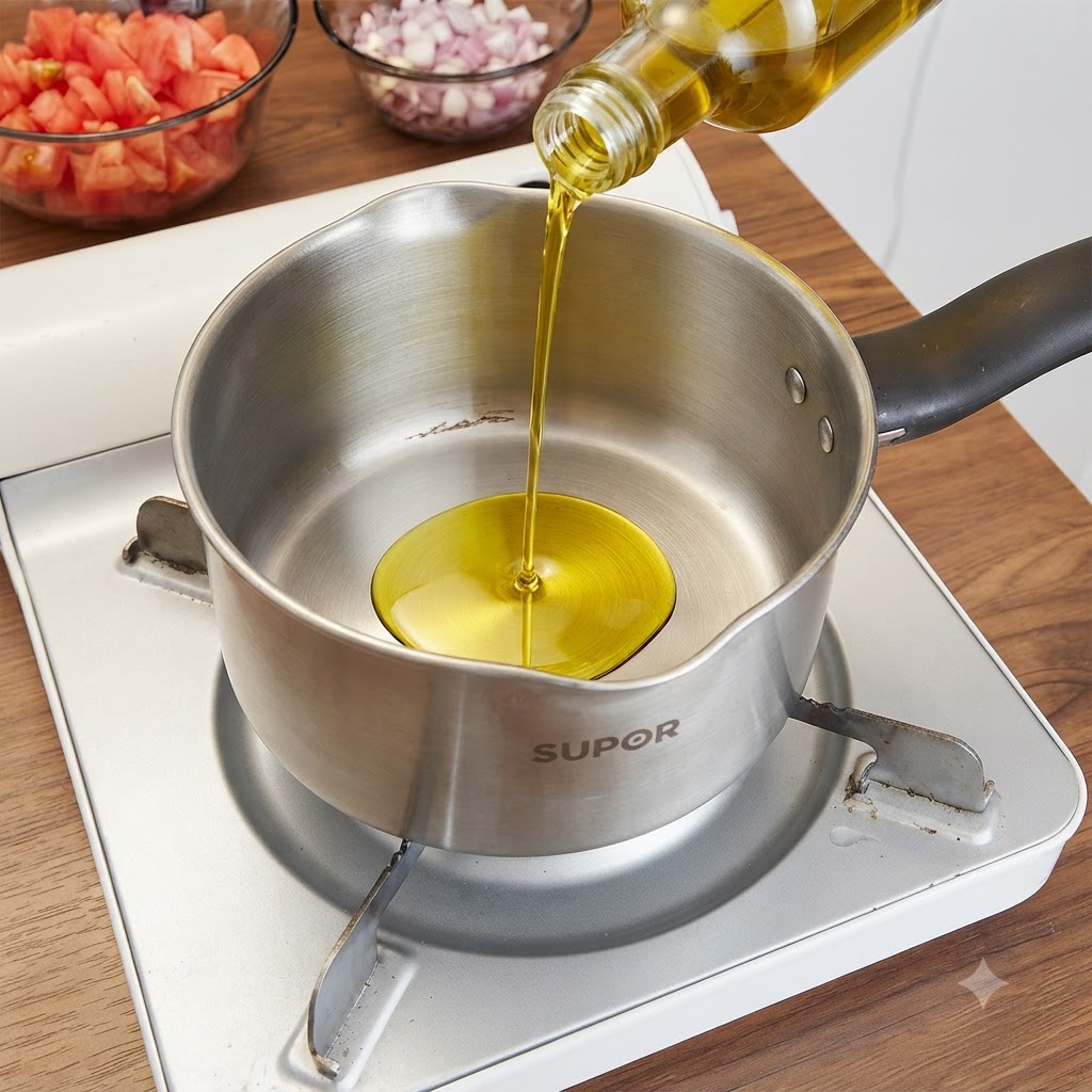 Olivenöl wird in einen Metalltopf auf einem tragbaren Kocher gegossen, mit gehackten Tomaten und Zwiebeln in der Nähe.