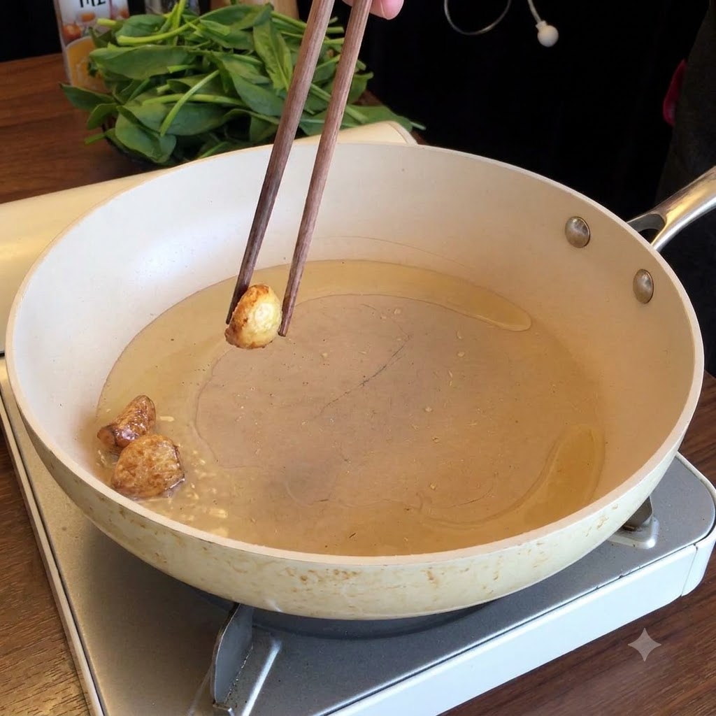 Essstäbchen halten ein Stück gebratenen Knoblauch über eine Pfanne mit Öl, während im Hintergrund frischer Spinat aufgestapelt ist.