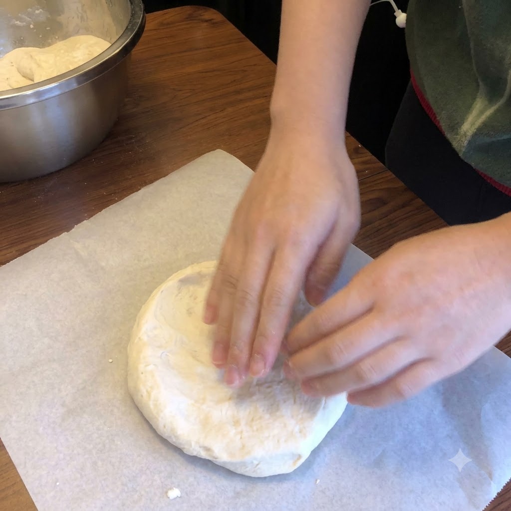 Hände drücken und verteilen fermentierten Pizzateig gleichmäßig auf Backpapier.