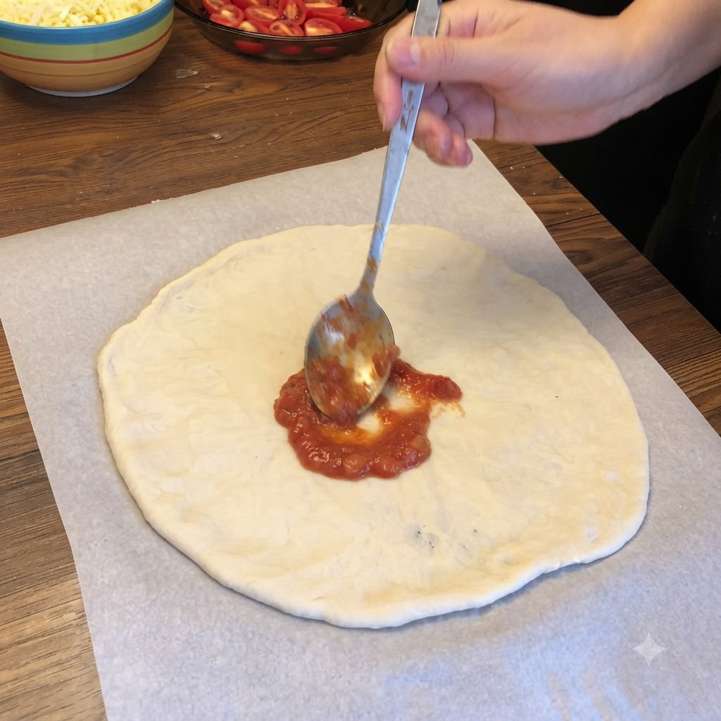 Löffel verteilt rote Tomatensauce in kreisenden Bewegungen über einem runden Pizzateigboden.