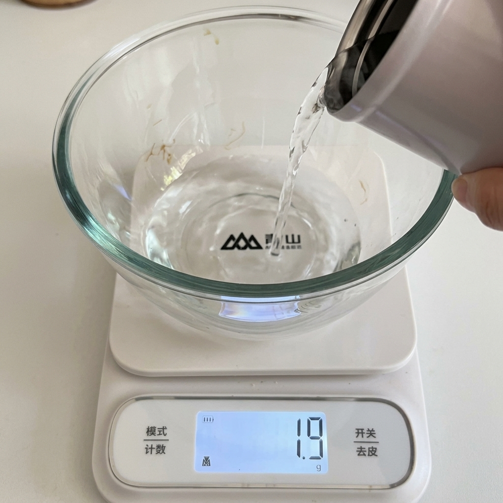 Wasser und Trockenhefe werden in einer Glasschüssel auf einer Küchenwaage abgemessen.